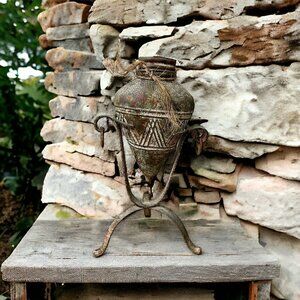 Old Rope Wrapped Pottery Vase/Planter with Rustic Metal Stand 16"